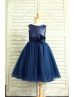 Navy Blue Sequin Tulle Curly Hem Knee Length Flower Girl Dress