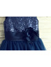 Navy Blue Sequin Tulle Curly Hem Knee Length Flower Girl Dress Navy Blue Sequin Tulle Curly Hem Knee Length Flower Girl Dress