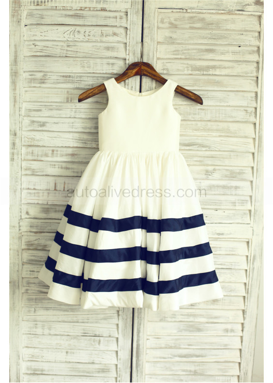 Ivory Navy Blue Taffeta Stripe Short Flower Girl Dress