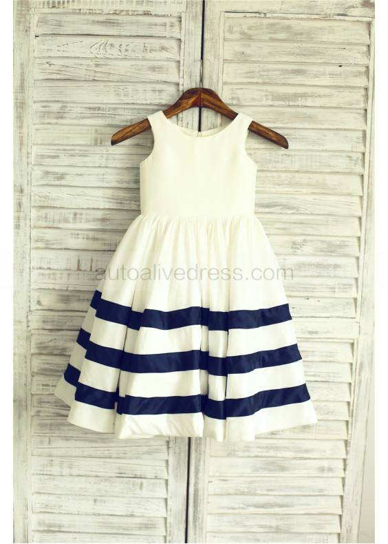 Ivory Navy Blue Taffeta Stripe Short Flower Girl Dress Ivory Navy Blue Taffeta Stripe Short Flower Girl Dress