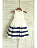 Ivory Navy Blue Taffeta Stripe Short Flower Girl Dress