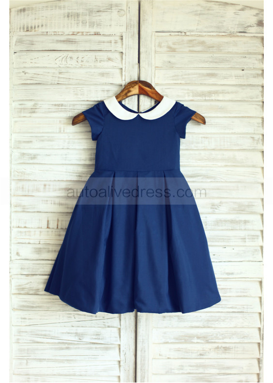 Ivory Peter Pan Collar Navy Blue Cotton Comfortable Flower Girl Dress