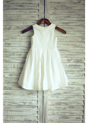 Ivory Cotton Pearl Buttons Back Knee Length Flower Girl Dress