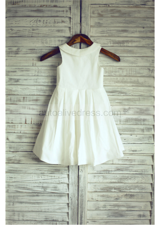 Ivory Cotton Pearl Buttons Back Knee Length Flower Girl Dress