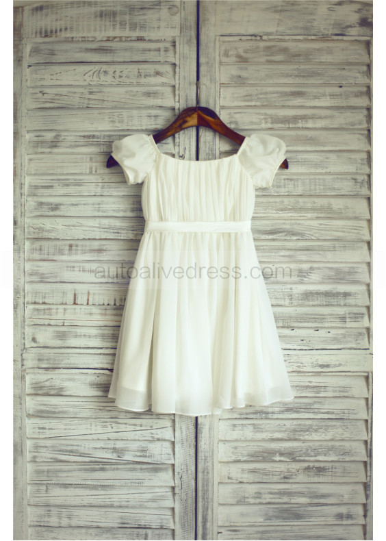 Ivory Chiffon Puff Sleeves Knee Length Flower Girl Dress Ivory Chiffon Puff Sleeves Knee Length Flower Girl Dress