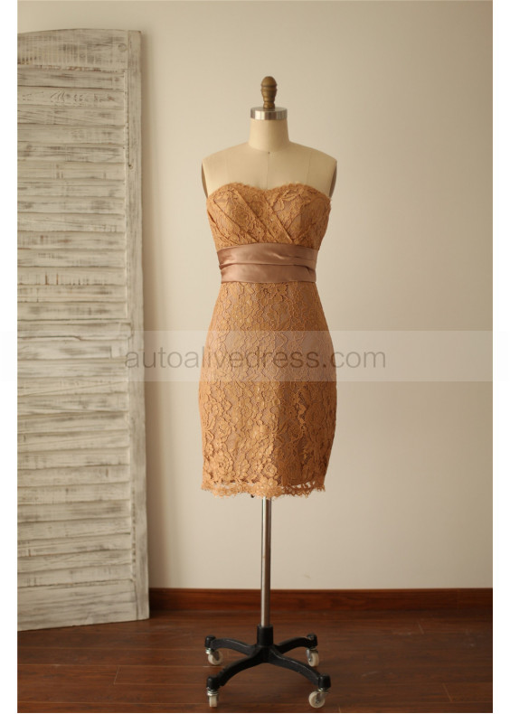 Strapless Brown Lace Knee Length Classic Bridesmaid Dress