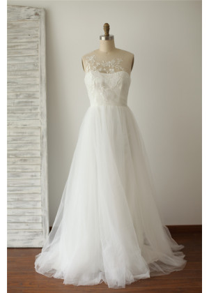 Ivory Tulle Embroidery Long Wedding Dress  Ivory Tulle Embroidery Long Wedding Dress