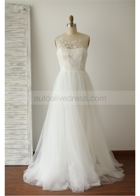 Ivory Tulle Embroidery Long Wedding Dress 