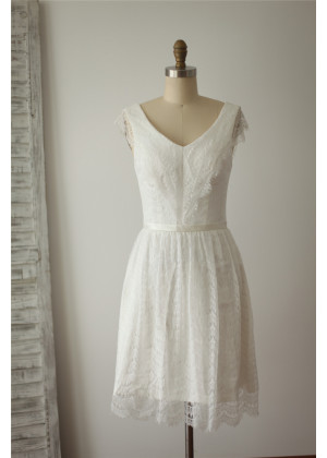 V Neck Ivory Eyelash Lace Knee Length Romantic Wedding Dress