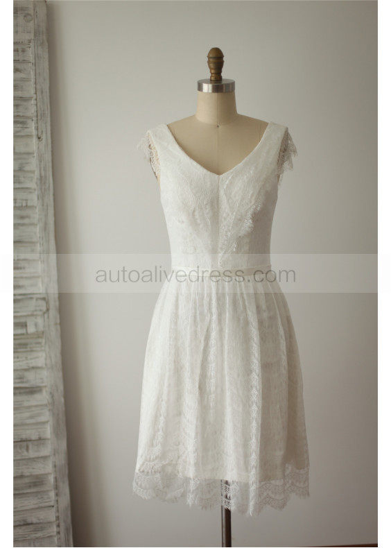 V Neck Ivory Eyelash Lace Knee Length Romantic Wedding Dress