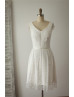 V Neck Ivory Eyelash Lace Knee Length Romantic Wedding Dress