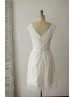 V Neck Ivory Eyelash Lace Knee Length Romantic Wedding Dress