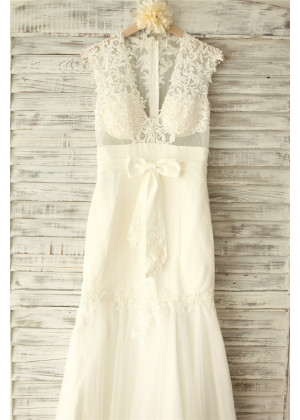 Sheer Ivory Lace Dots Tulle Pearl Buttons Back Sexy Wedding Dress