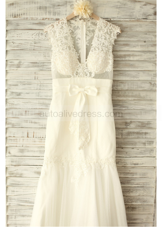 Sheer Ivory Lace Dots Tulle Pearl Buttons Back Sexy Wedding Dress Sheer Ivory Lace Dots Tulle Pearl Buttons Back Sexy Wedding Dress