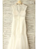 Sheer Ivory Lace Dots Tulle Pearl Buttons Back Sexy Wedding Dress