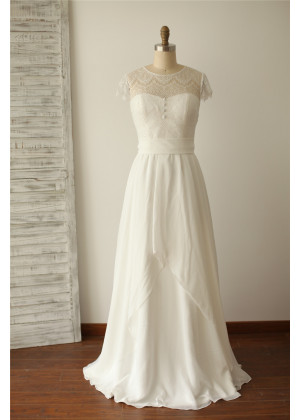 Ivory Eyelash Lace Chiffon With Decorated Buttons Floor Length Wedding Dress