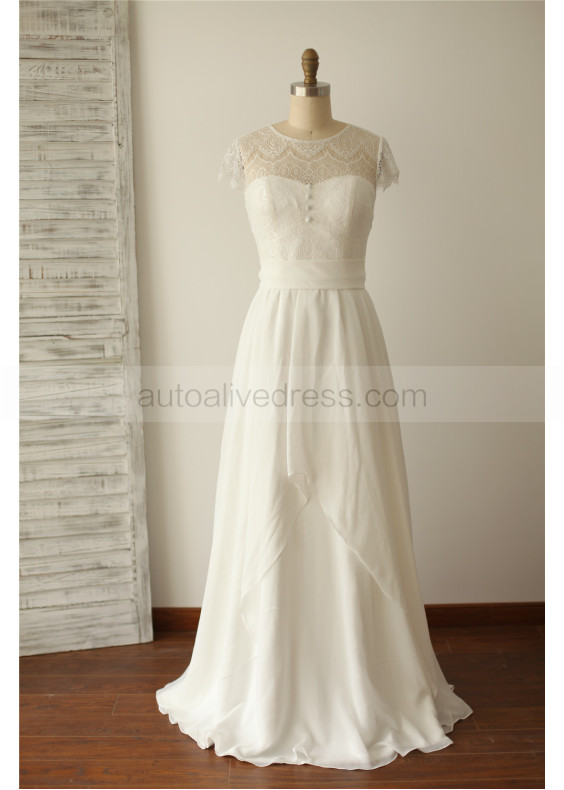 Ivory Eyelash Lace Chiffon With Decorated Buttons Floor Length Wedding Dress