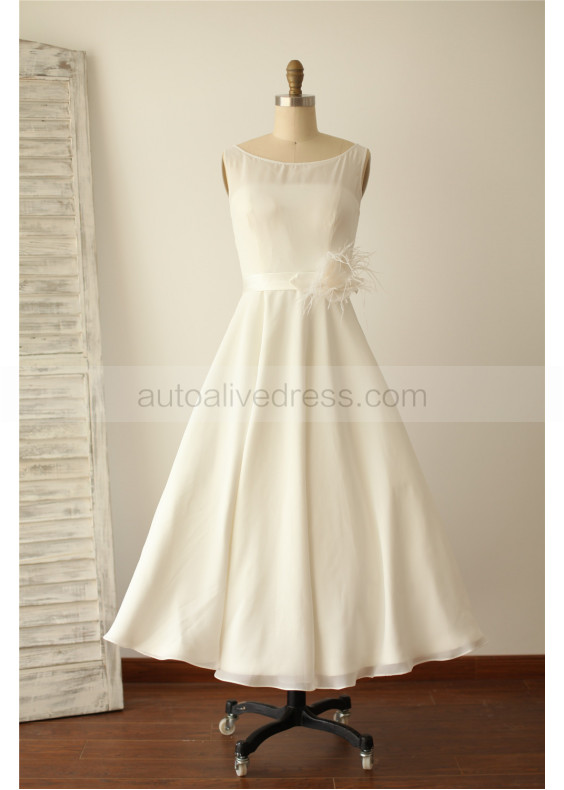 Ivory Chiffon With Feather Decorated Tea Length Wedding Dress