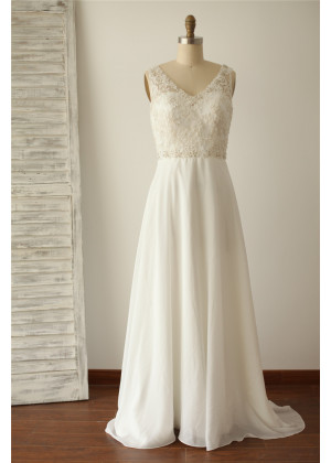 V Neckline Ivory Beaded Lace Chiffon Long Wedding Dress