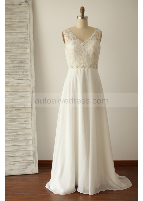 V Neckline Ivory Beaded Lace Chiffon Long Wedding Dress