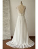 V Neckline Ivory Beaded Lace Chiffon Long Wedding Dress