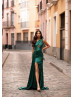 One Shoulder Emerald Satin Side Slit Evening Dress