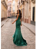 One Shoulder Emerald Satin Side Slit Evening Dress