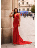 Spaghetti Straps Deep V Neck Red Lace Evening Dress