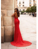 Spaghetti Straps Deep V Neck Red Lace Evening Dress