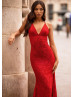 Spaghetti Straps Deep V Neck Red Lace Evening Dress