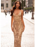 Spaghetti Straps Gold Sparkle Sequin Evening Dress