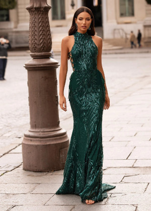 High Choker Neck Emerald Green Sequin Fashion Evening Dress