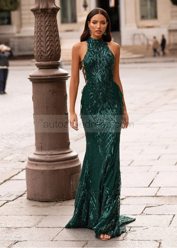 High Choker Neck Emerald Green Sequin Fashion Evening Dress