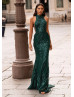 High Choker Neck Emerald Green Sequin Fashion Evening Dress