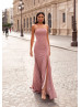 Strapless Dusty Pink Lurex Slit Evening Dress