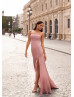 Strapless Dusty Pink Lurex Slit Evening Dress