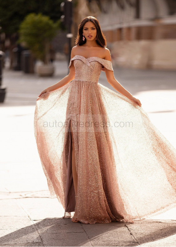 Off Shoulder Rose Gold Glittering Evening Dress