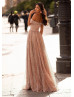 Off Shoulder Rose Gold Glittering Evening Dress