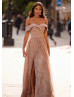 Off Shoulder Rose Gold Glittering Evening Dress