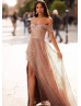 Off Shoulder Rose Gold Glittering Evening Dress