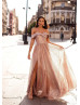 Off Shoulder Rose Gold Glittering Evening Dress