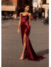 Cowl Neck Burgundy Satin Slit Low Back Ruching Evening Dress