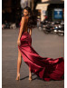 Cowl Neck Burgundy Satin Slit Low Back Ruching Evening Dress