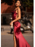 Cowl Neck Burgundy Satin Slit Low Back Ruching Evening Dress