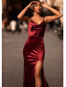Cowl Neck Burgundy Satin Slit Low Back Ruching Evening Dress Cowl Neck Burgundy Satin Slit Low Back Ruching Evening Dress