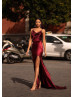 Cowl Neck Burgundy Satin Slit Low Back Ruching Evening Dress
