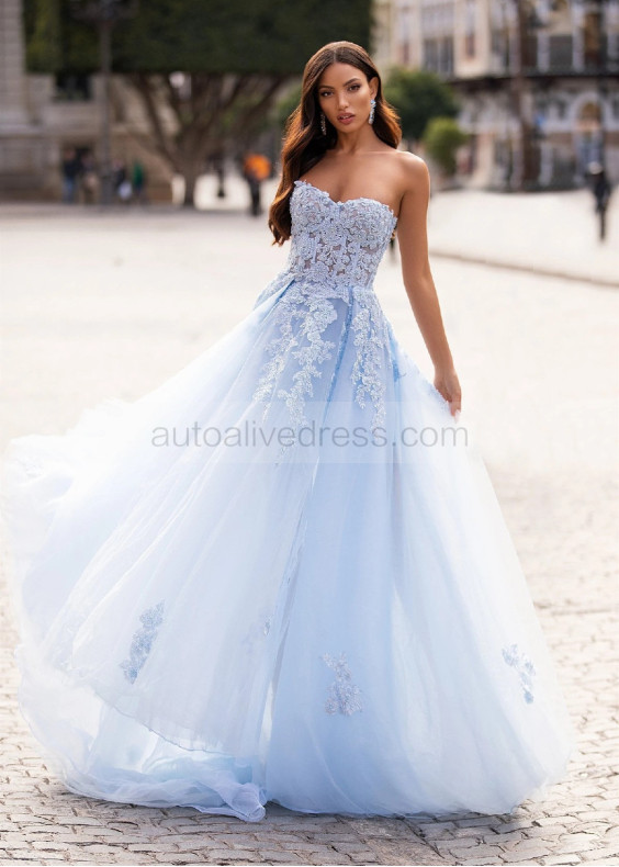 Beaded Strapless Baby Blue Lace Tulle Slit Evening Dress