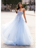 Beaded Strapless Baby Blue Lace Tulle Slit Evening Dress