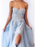 Beaded Strapless Baby Blue Lace Tulle Slit Evening Dress Beaded Strapless Baby Blue Lace Tulle Slit Evening Dress