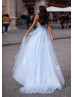 Beaded Strapless Baby Blue Lace Tulle Slit Evening Dress